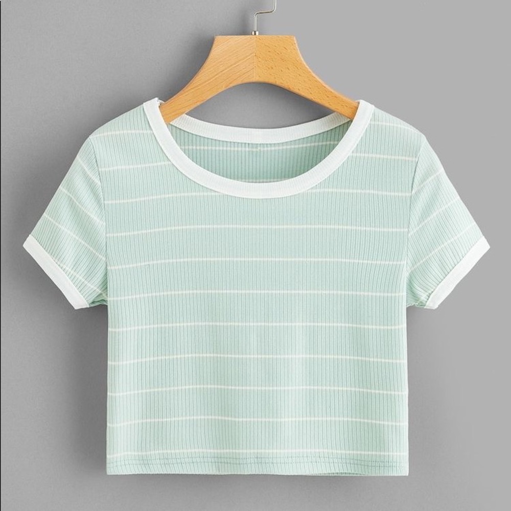 teal and white crop top :)